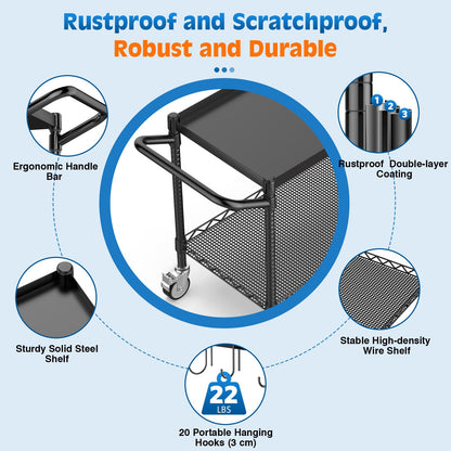 Leteuke 2 Tier Utility Tool Cart with Wheels, Heavy Duty Rolling Utility Carts with Handle, Commercial Grade Metal Serving Storage Cart for Warehouse Garage Kitchen, 25" D x 38.98" W x 40" H-Black