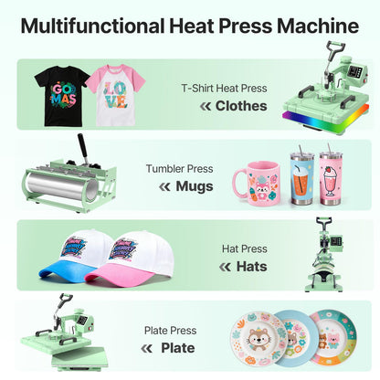 Slendor Heat Press 15x15 Inch 5 in 1 Heat Press Machine 360-Degree Swing Away Digital T Shirt Pressing Machine Multifunction Heat Transfer Sublimation Combo for T Shirts Mugs Hat Plate Cap,Green