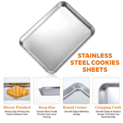 Afcabakila 6Pcs Stainless Steel Baking Sheet Pan Set, 9”x6.7” Small Cookie Oven Trays Cooking Bakery Cake Bun Pan Easy Clean Warp Resistant & Heavy Duty for Toaster Oven, Nonstick, Dishwasher Safe