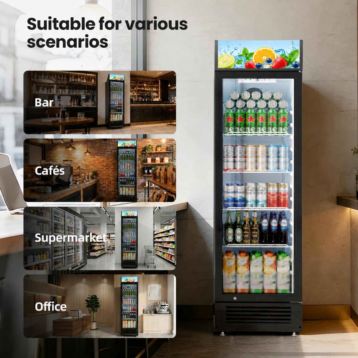 Kismile 9.1 Cu.Ft Large Commercial Refrigerator with Customizable Lightbox, Display Fridge with Wheels, Lock & Key, Double-Tempered Glass Beverage Refrigerator for Bar, Restaurant, Outdoor