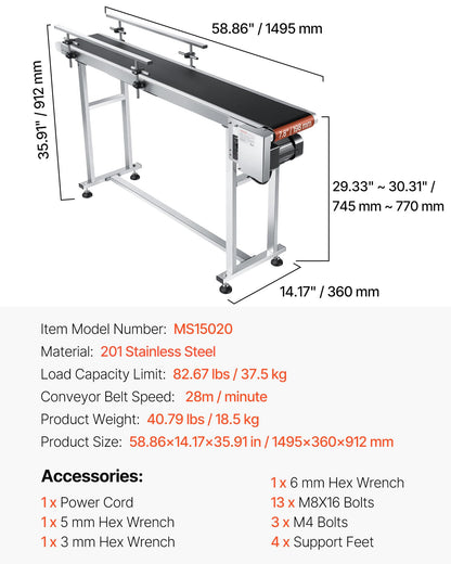 VEVOR Belt Conveyor, 59 x 7.8 inch Conveyor Table, Stainless Steel Motorized Belt Conveyor PVC Belt Anti-Static Adjustable Speed (Double Guardrail)