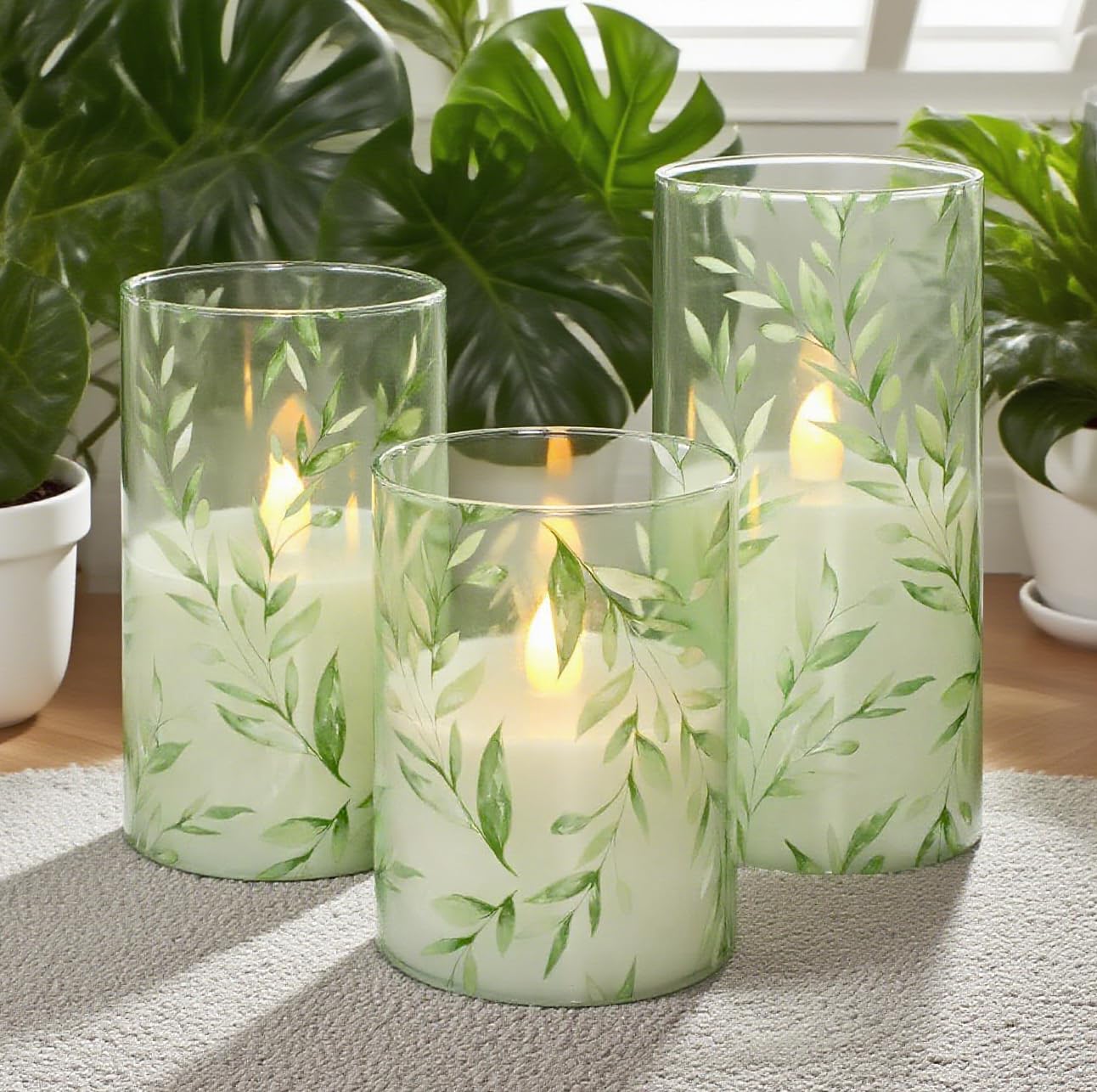 Silverstro Green Flameless Candles with Remote Control - Willow Leaf Design Battery Operated Candles - Elegant Home Christmas Spring Summer Decor Set of 3