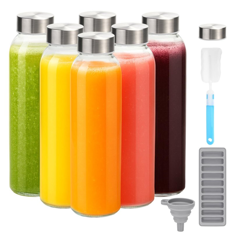 Zukro Glass Juice Bottles with Lids for Juicing 18 oz, Reusable Clear Glass Water Bottles with Stainless Steel Airtight Cap for Refrigerator, 100% Leak Proof Drinking Jar, BPA Free, Set of 6