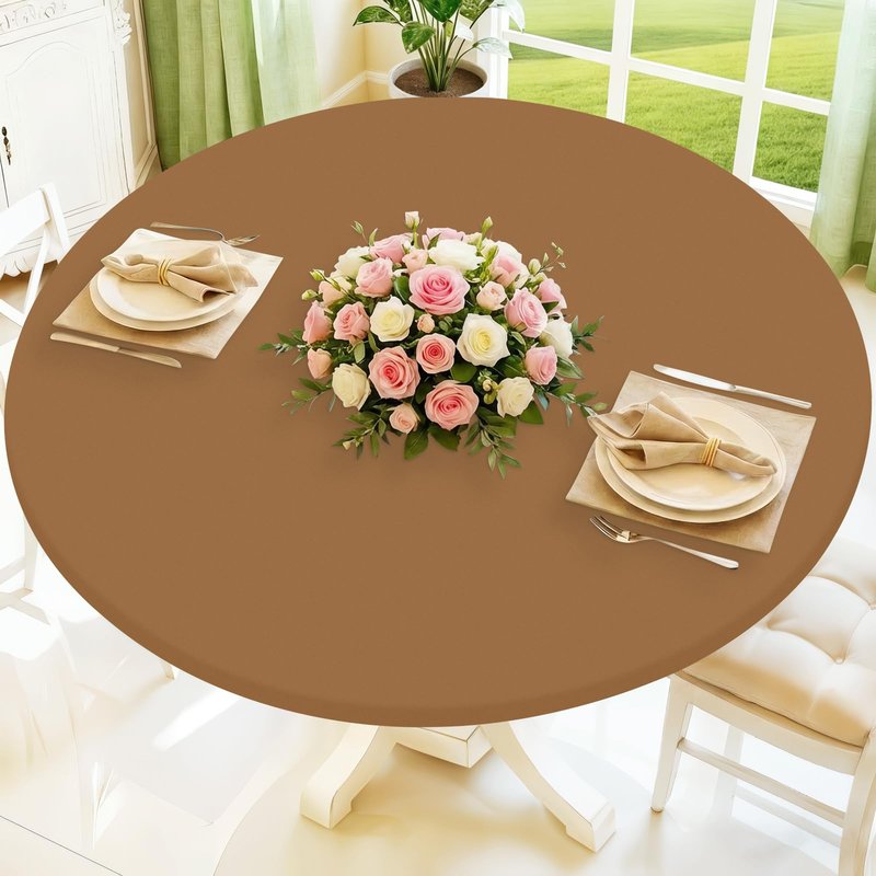 Moosfor Round Spandex Tablecloth, Elastic Fitted Waterproof Tablecloths for 36"-44" Tables, Stretch Washable Picnic Table Cover for Camping, Dining, Indoor and Outdoor,Brown