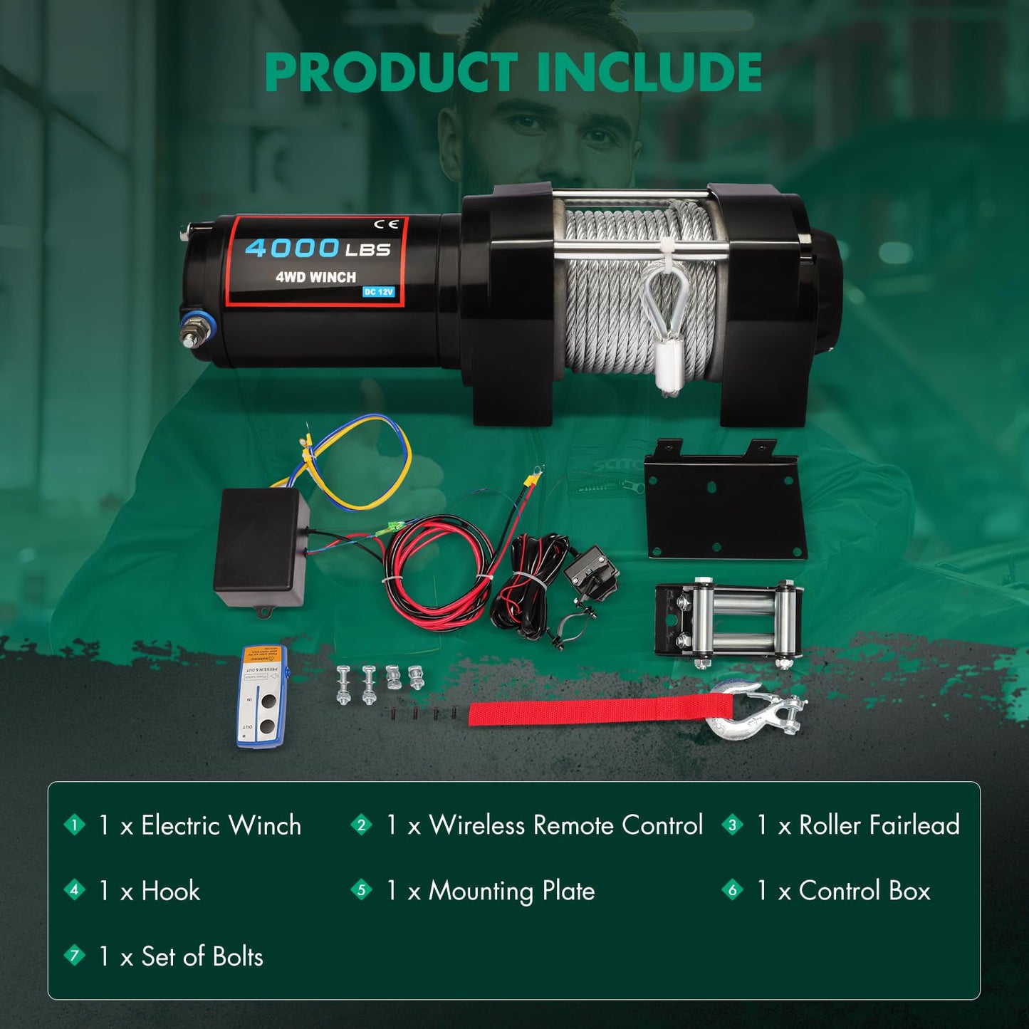 SCITOO - 4000LBS Electric Winch 12V Towing Trailer Steel Cable Off Road w/Wireless Remote