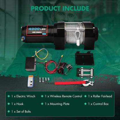SCITOO - 4000LBS Electric Winch 12V Towing Trailer Steel Cable Off Road w/Wireless Remote