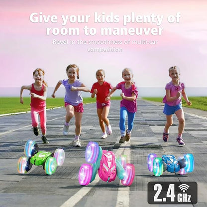 Remote Control Car for Girls 6-12 with Flashing Light Toys 6 7 8 9 Years Old Girl Birthday Gifts Idea RC Cars Stunt 4WD 2.4Ghz Double Sided 360° Flip Present for Kids Christmas Pink