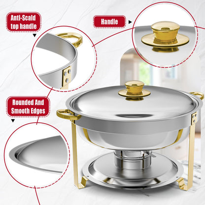 IMACONE Chafing Dish Buffet Set of 4, 5QT Round Stainless Steel Chafer for Catering, Upgraded Chafers and Buffet Warmer Sets w/Food & Water Pan, Lid, Gold Frame, Fuel Holder for Party Wedding Holiday