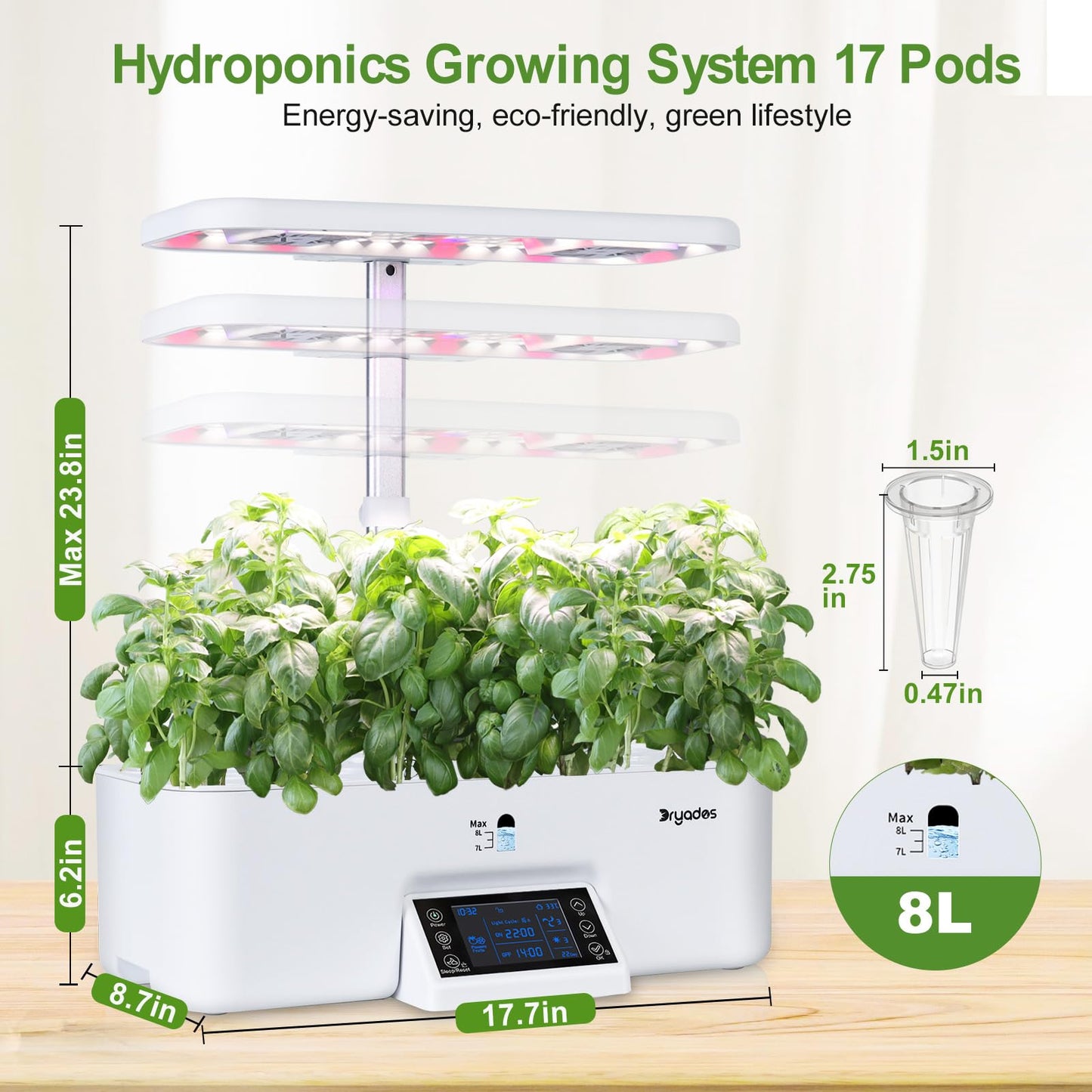 DRYADES 17-Pods Hydroponic Growing System with Dual Fans 24W Full-Spectrum Grow Light & Smart Control Panel for Indoor Gardening for Vegetables Herbs