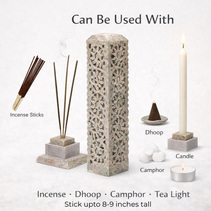 Carry Me Handmade Marble Soapstone Incense Stick Burner | Candle Stick Holder | Tea Light Stand - Perfect Incense Tower for Gifting. Decorative Home and Kitchen Decor (3 x 3 x 11 Inches)