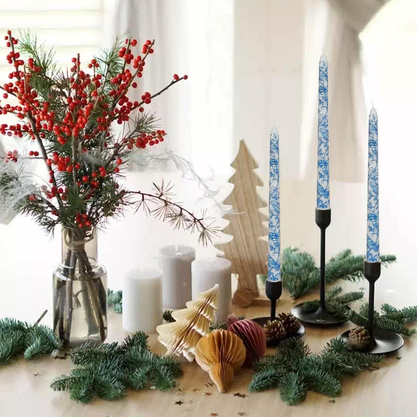 Blue and White Porcelain Taper Candles 10 Inch Print Candle Handmade Unscented Mandarin Duck Long Candles 2 Pack Candlesticks for Wedding Home Decoration Gifts