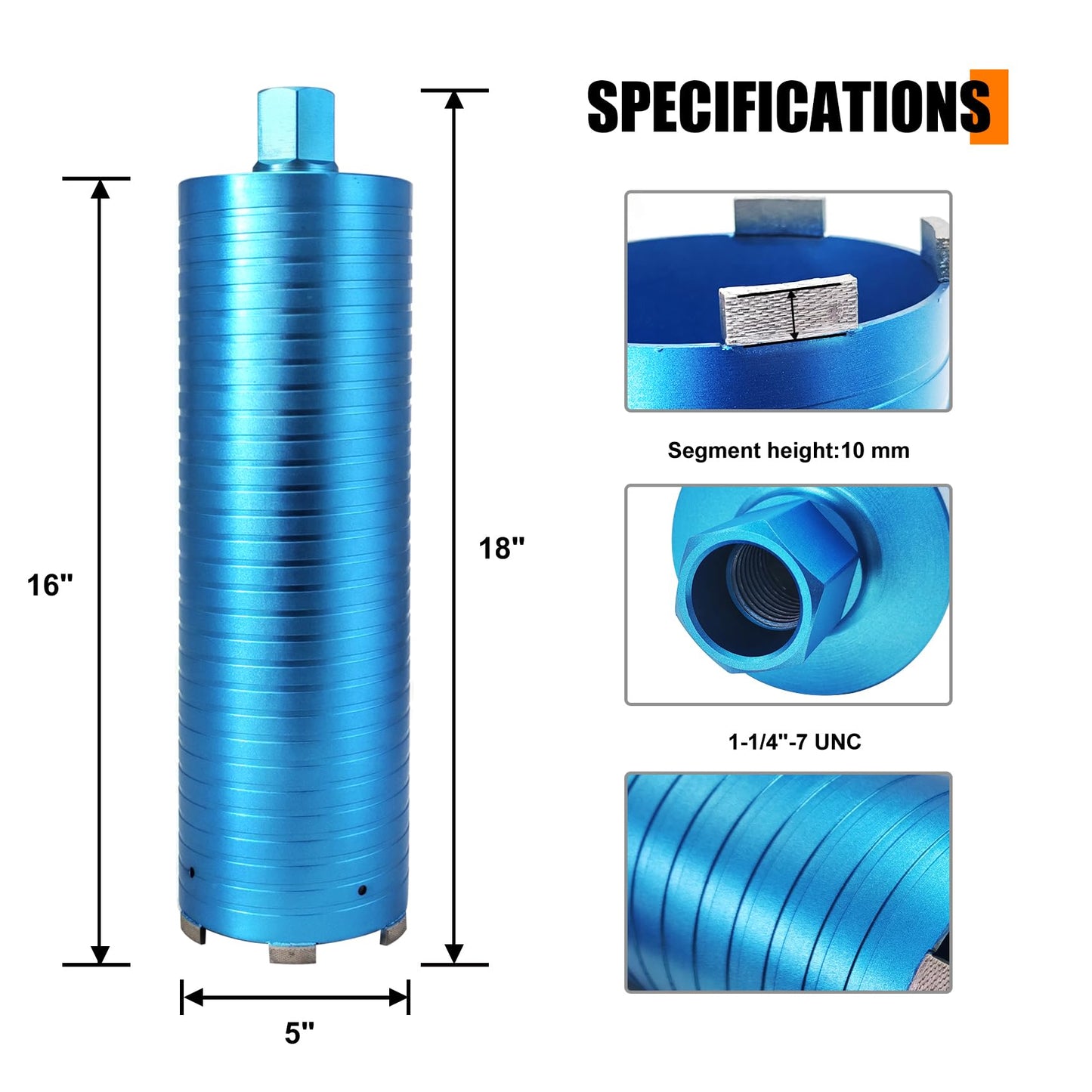 FEWELL 5”Wet Core Drill Bit with Arix Segment, 1-1/4"-7 UNC x 16" Depth, Diamond Core Drill Bit for Reinforced Concrete, Concrete, Asphalt, Brick and Masonry,Laser Welding Technology
