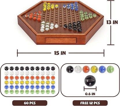 15-Inch Wooden Chinese Checkers Board Game Set – Classic Strategy Game with 72 Glass Marbles Dual-Sided Storage Drawer Family Board Games for Adults Educational Travel and Indoor Game