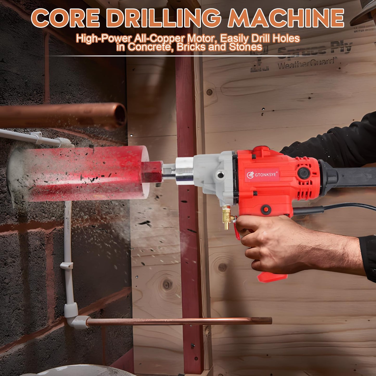 Gtonksye Diamond Core Drilling Machine, Handheld Dry and Wet Core Drill Rig, 1-1/4"Threaded Shaft, Equipped with Wet Drill Bits 1.25", 2.5", 3.25",4"and Water Pump Set, for Concrete Bricks and Stones