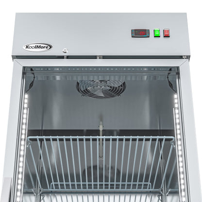 KoolMore Commercial Stainless-Steel Upright Freezer with Reach-In Self-Close Glass Door, 3 Storage Shelves, Heavy-Duty Caster Wheels, Frost-Free Temperature Control - 23 Cu.Ft [Silver] (RIF-1D-GD)