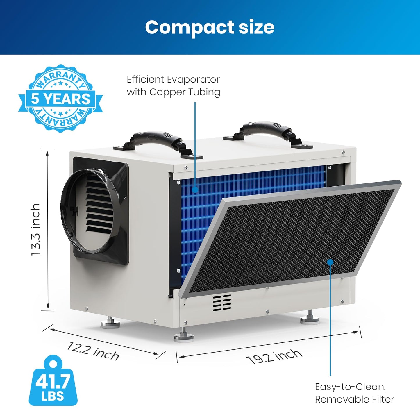 BaseAire Crawl Space Dehumidifier,113 Pint Dehumidifiers with Drain Hose for Basement, Commercial, Industrial, Portable, Auto Defrost, Memory Starting