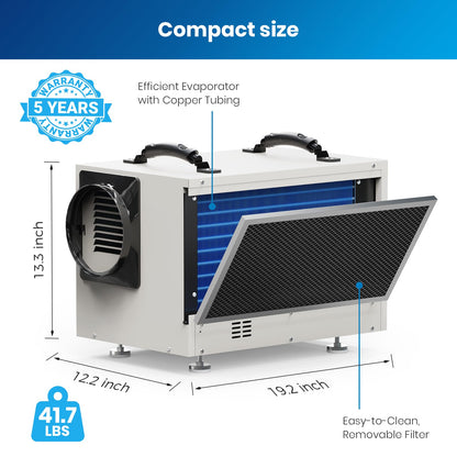 BaseAire Crawl Space Dehumidifier,113 Pint Dehumidifiers with Drain Hose for Basement, Commercial, Industrial, Portable, Auto Defrost, Memory Starting