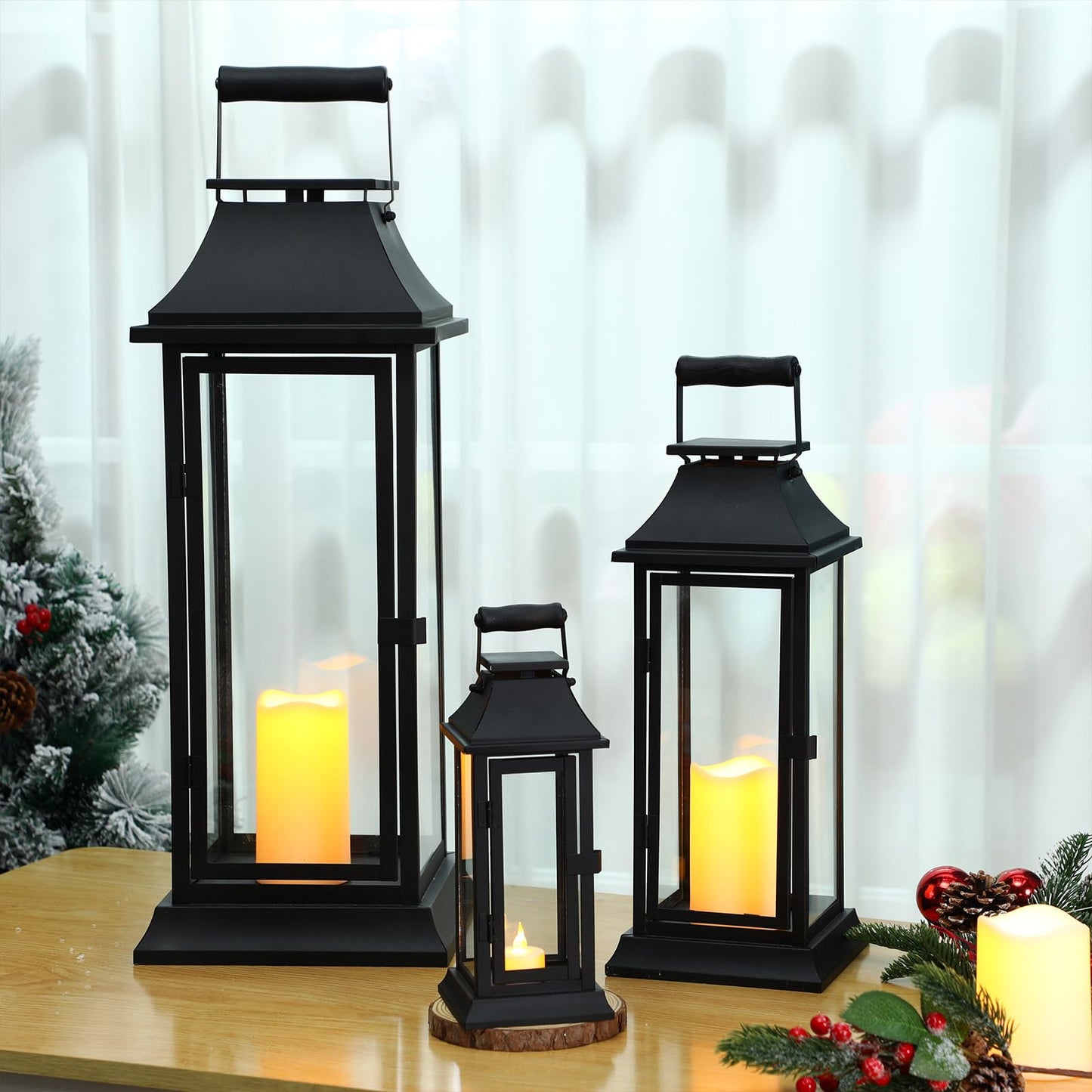 Mifoci Jumbo Black Metal Decorative Lanterns with Clear Glass Panel Hurricane Candle Lantern for Home Decor Party Event Tabletop Front Porch Wall Hanging Indoor Outdoor(3 Pcs,24'' 16'' 10'')