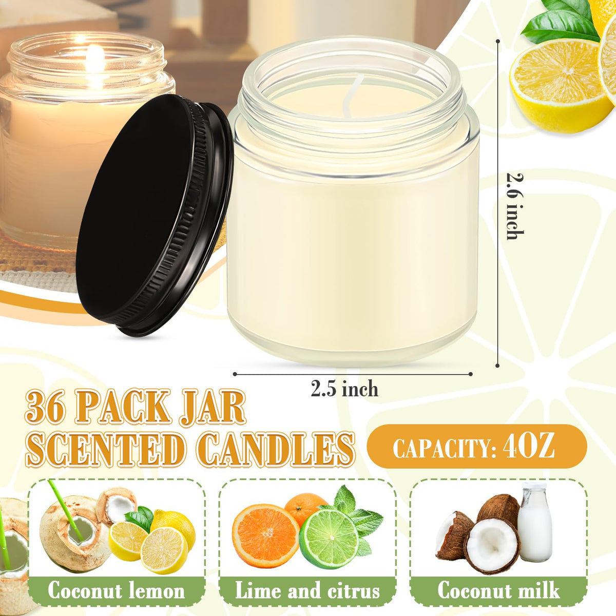 MTLEE 36 Pcs Mini Mason Jar Candles Favors Bulk 4 oz Small Scented Jar Candles with Lids for Birthday Wedding Party Gift(Lemon, Citrus, Coconut Milk)