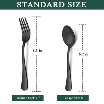 LIANYU 16-Piece Matte Black Forks and Spoons Silverware Set, 8 Dinner Forks and 8 Teaspoons, Stainless Steel Black Flatware Cutlery Set for Home Kitchen Hotel, Satin Finished, Dishwasher Safe
