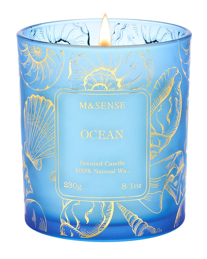M&SENSE Natural Soy Wax Ocean Scented Candles, 8.1oz Non Toxic Soy Candle 42-Hour Slow Burning, Summer Fresh Smelling Candle for Bathroom Decor, Stress Relief Aromatherapy Candle Gifts