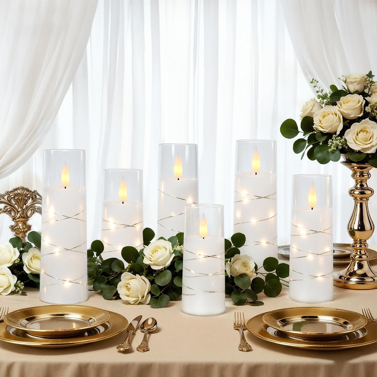 Raycare Flameless Candle with Remote Timer – 9 Flickering Acrylic Battery Operated LED Pillar Candles with Embedded Star String for Christmas, Wedding, Home Table Decor, and as a Gift (White)