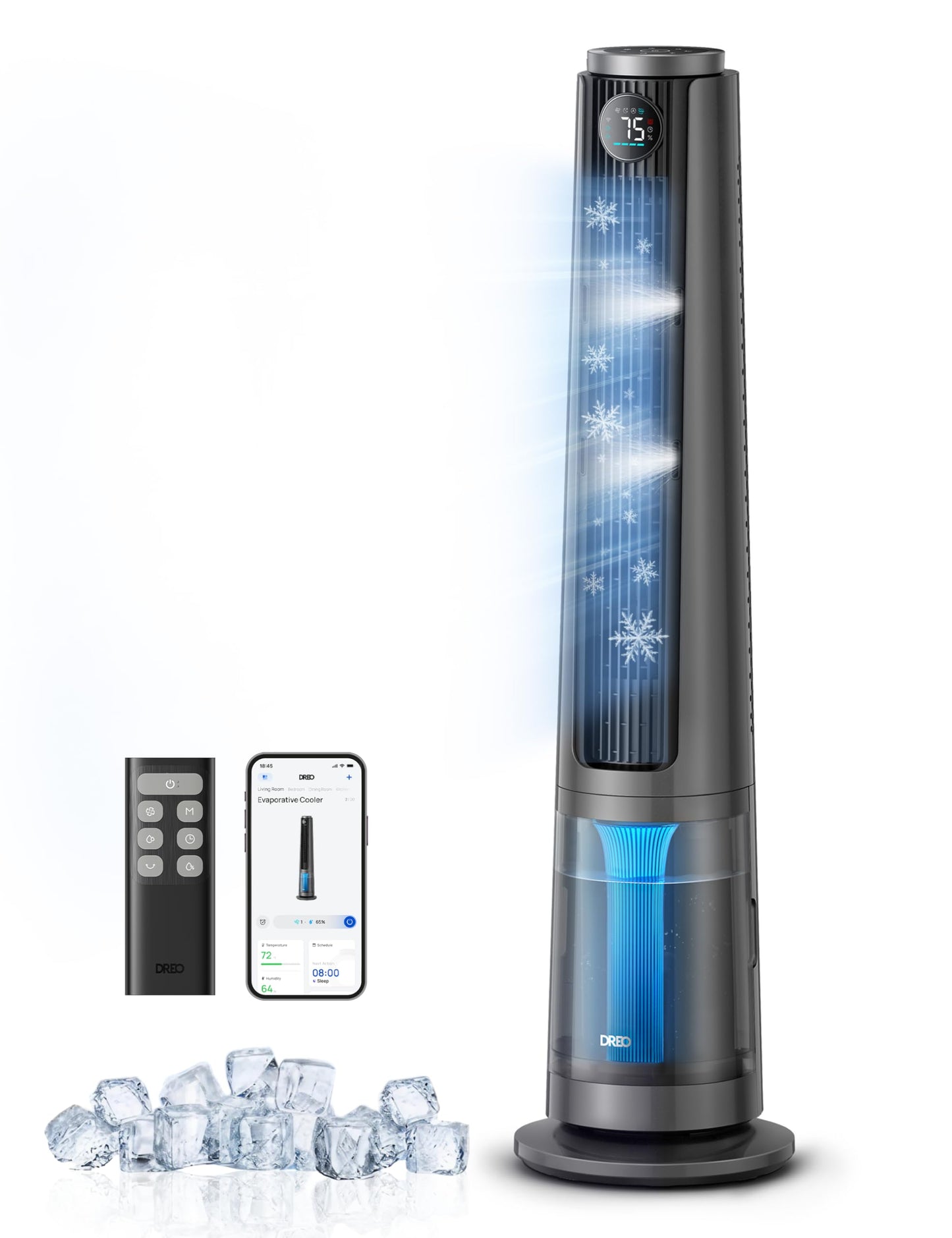 DREO TurboCool Misting Fan 765S, Fans that Blow Cold Air, 10°F Cooling, 34ft/s Fast Evaporative Air Cooler, 6L Tank, 20 dB Quiet DC Motor, 90° Tower Fan with 12 Speeds, 4 Modes for Home, Grey