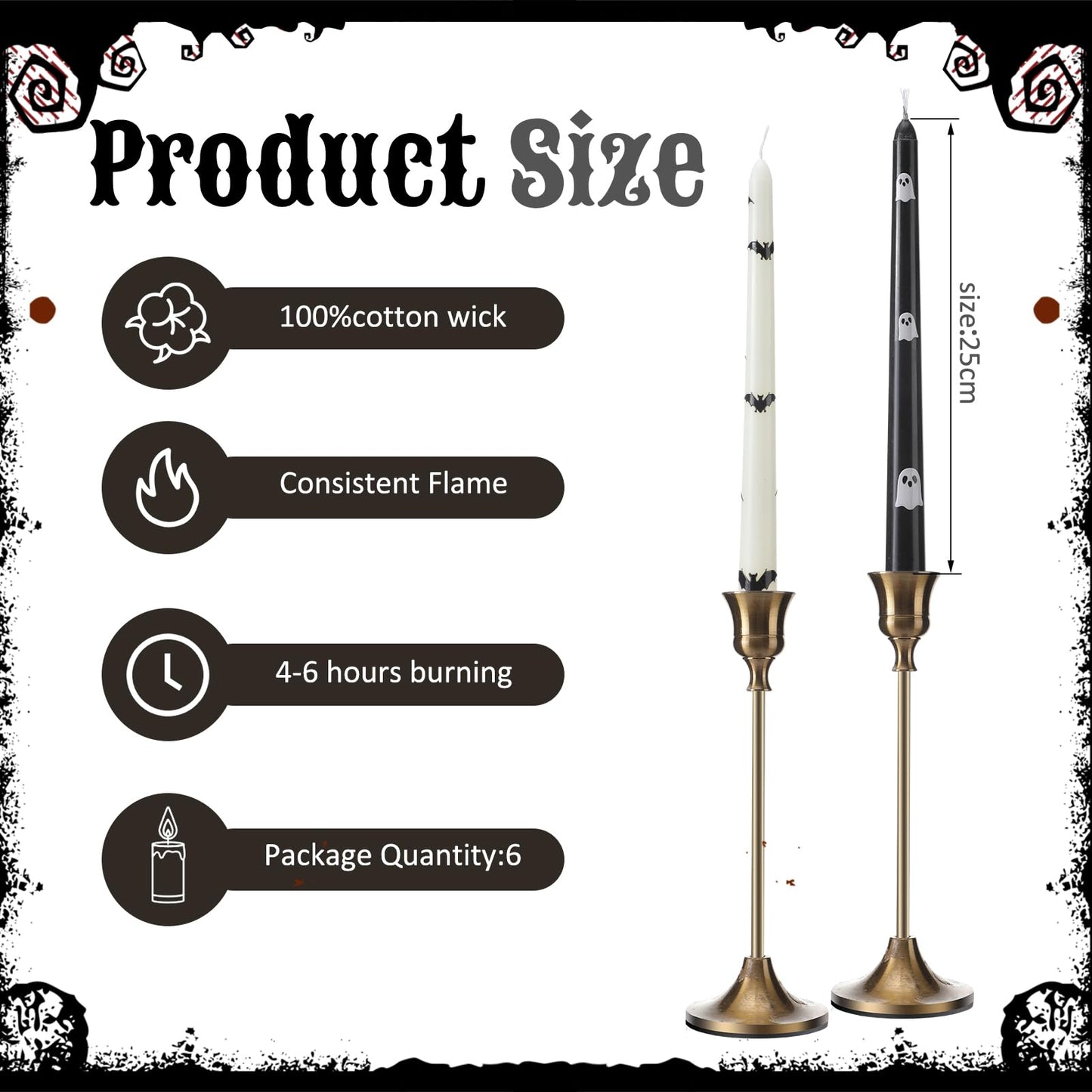 Conelist 6 Pcs Taper Candles 10 Inch Candle Sticks for Bachelorette Bridal Wedding Party Baby Shower Table Cake Decor(Butterfly Bat and Ghost,10 Inch,Black and White)