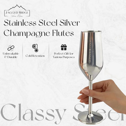 Jagged Ridge Wine Rooms Stainless Steel Champagne Flutes (Handwash Only) - Classy Steel Champagne Glass for Parties, Picnics & Special Occasions - Crafted for All Wine Enthusiasts - Set of 4 (Silver)