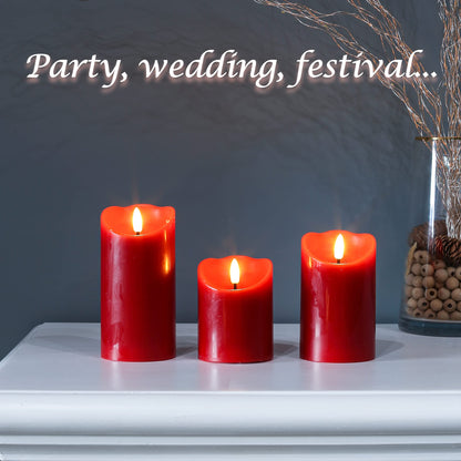 LUSHARBOR Flameless Candles with Remote, Battery Operated Christmas Candles with Timer Real Wax LED Flickering Fake Electric Candles for Christmas Party Home Decor, Set of 3 (Red)