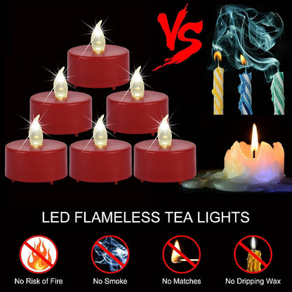 Baikaraer Battery Operated Tea Lights Candles,Flameless Led Electric Fake Candle, 50 Pack Realistic Flickering Votive Tealights, Long Lasting 200+Hours, for Wedding Party Home Decoration (Red)