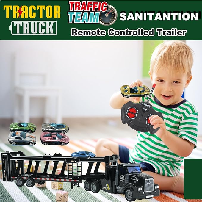 Remote Control Car Transporter Truck Includes 6 Cars 14 1:48 Car Transporter Semi Truck Toy Equipped with 2 Rechargeable Batteries Gifts Ideas for Boys Age 3-8 Year Old
