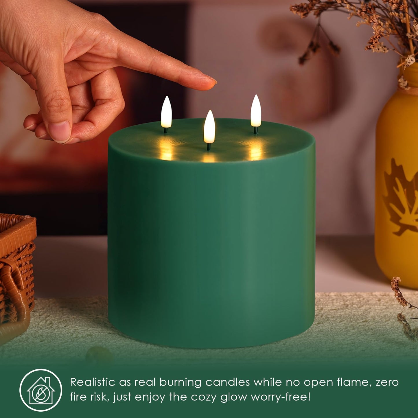 Girimax Green 3 Wick Flameless Candle with Remote, 6x6 inch Large LED Pillar Candle Battery Operated Real Wax Flickering Home Shelf Table Decor