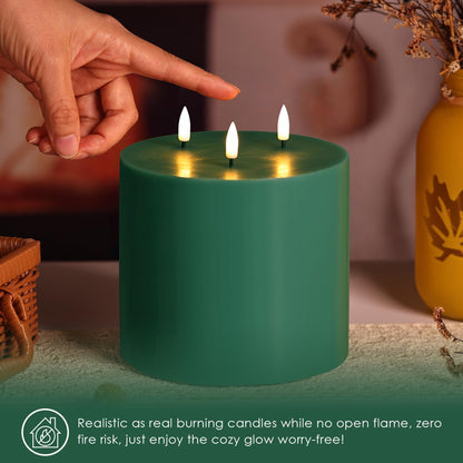 Girimax Green 3 Wick Flameless Candle with Remote, 6x6 inch Large LED Pillar Candle Battery Operated Real Wax Flickering Home Shelf Table Decor