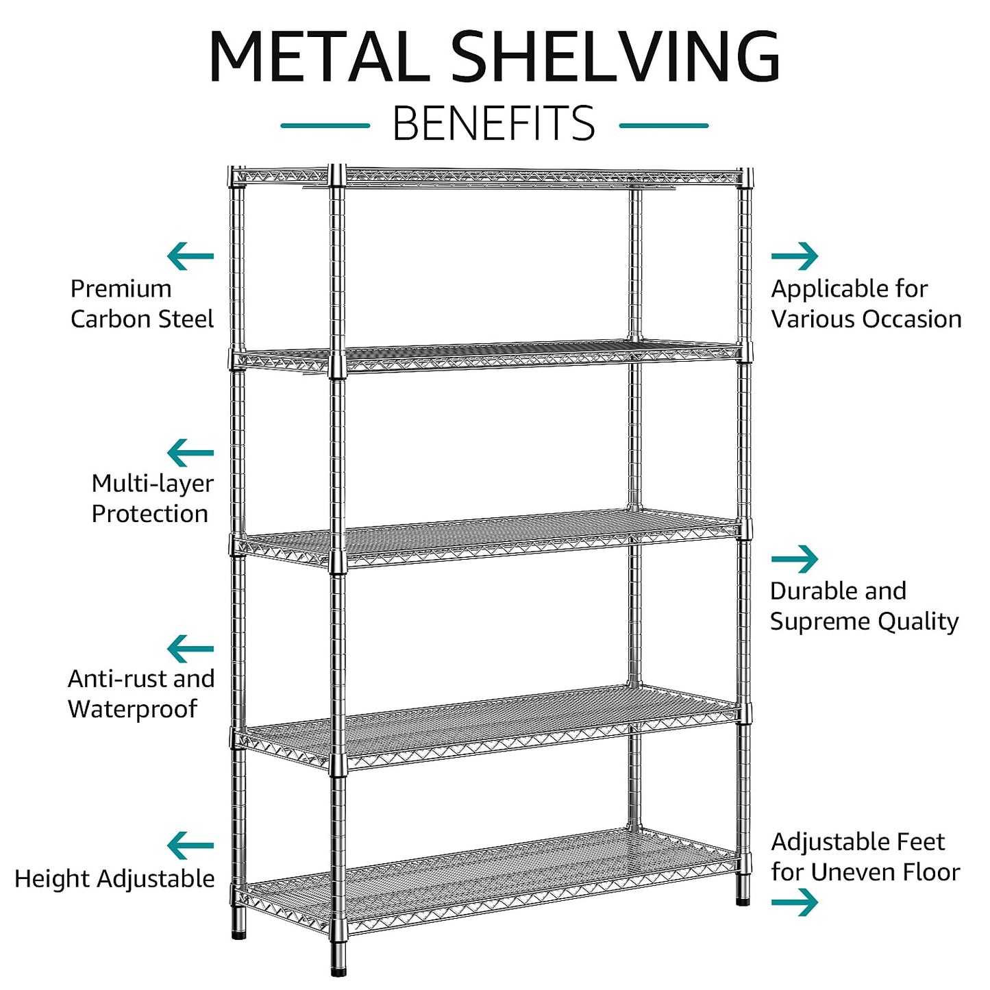 IZEUK 4250 LBS Garage Shelving Wide Storage Shelves 5 Tier Metal Shelves Heavy Duty Adjustable Utility Shelf Rack Chrome 17.7" D x 47.2" W x 70.4" H
