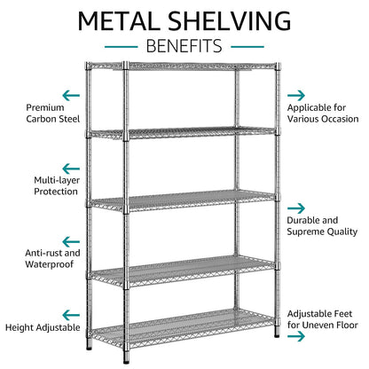 IZEUK 4250 LBS Garage Shelving Wide Storage Shelves 5 Tier Metal Shelves Heavy Duty Adjustable Utility Shelf Rack Chrome 17.7" D x 47.2" W x 70.4" H