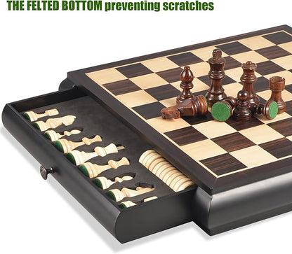 VAMSLOVE Wooden Chess Checkers Game Set 15.5 Large Size Board w/Storage Drawers Weighted Chess Pieces - 2 Extra Queens 3 King Gift for Birthday Housewarming Retirement - Black