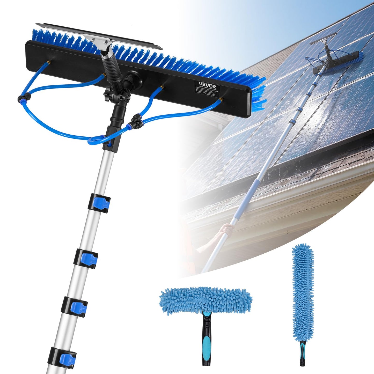 VEVOR Solar Panel Cleaning Kit, 33 ft, Water Fed Pole Kit with Cleaning Brush, Squeegee, Soap Dispenser, Extendable Aluminum Telescopic Pole, 180° Rotatable Brush Head, for Roof Mounted Solar Panels