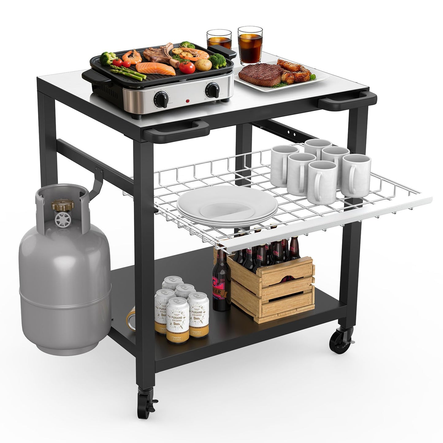 NUUK Grill Cart 30"x24" Pizza Oven Table for Outdoor 3-Shelf with Stainless Steel Top
