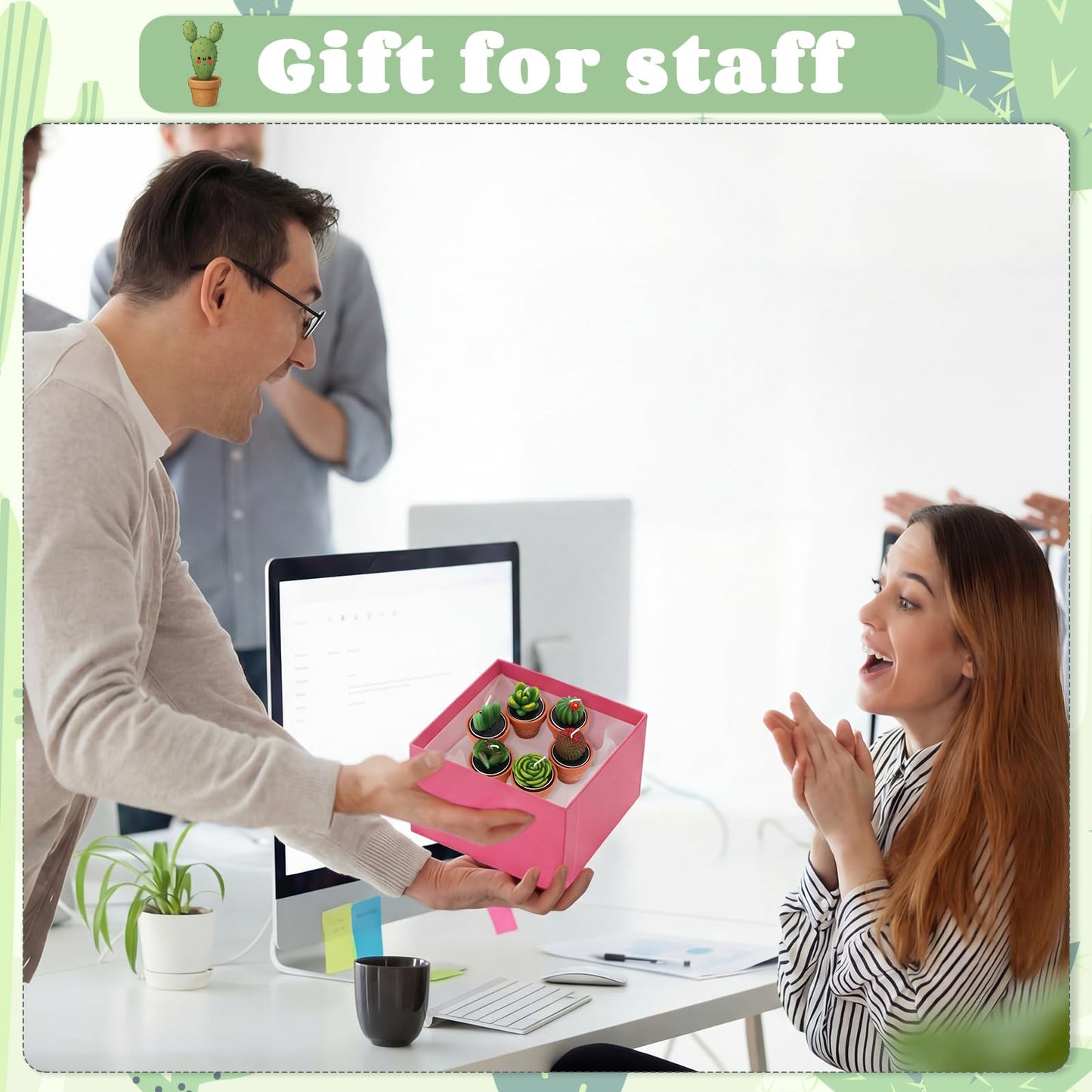 Lyrow 24 Sets Employee Appreciation Gift Cactus Tealight Candles Set Mini Handmade Succulent Candle Planter with Matchbox, Office Thanks Gift for End of Year Staff Team Teacher Volunteer