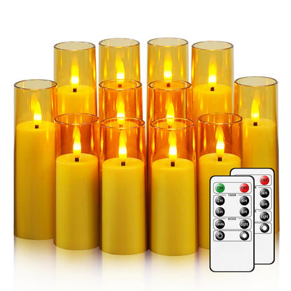 Nimiko Small Flickering Flameless Candles - Battery Operated LED Fake Candles, Pack of 12 (D1.57 x H4 5" 6") for Holiday Decor, Home, Weddings (Gold)