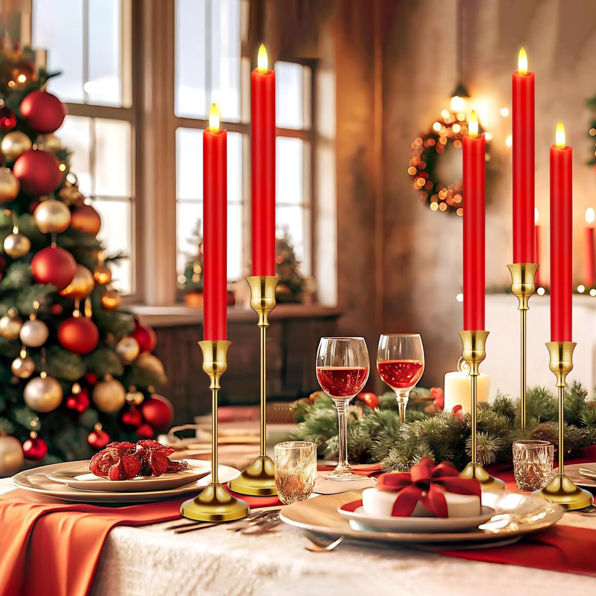 KSWING Upgraded Real Wax LED Flameless Red Taper Candles with Remote, 6 PCS Candlesticks Battery Operated 3D Flickering - 9.6" Long Realistic Fake Candle Sticks for Home/Wedding/Fireplace Xmas Decor