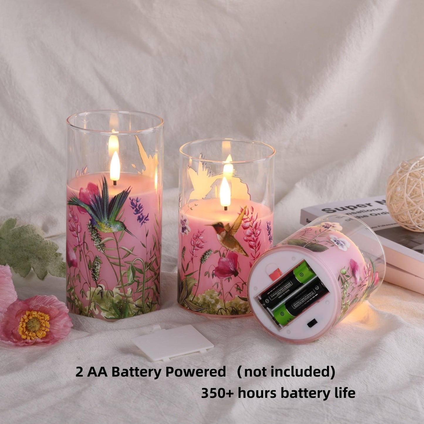 Eywamage Pink Hummingbird Floral Glass Flameless Candles with Remote, Flickering Battery LED Pillar Candles Set of 3, Spring Home Decor