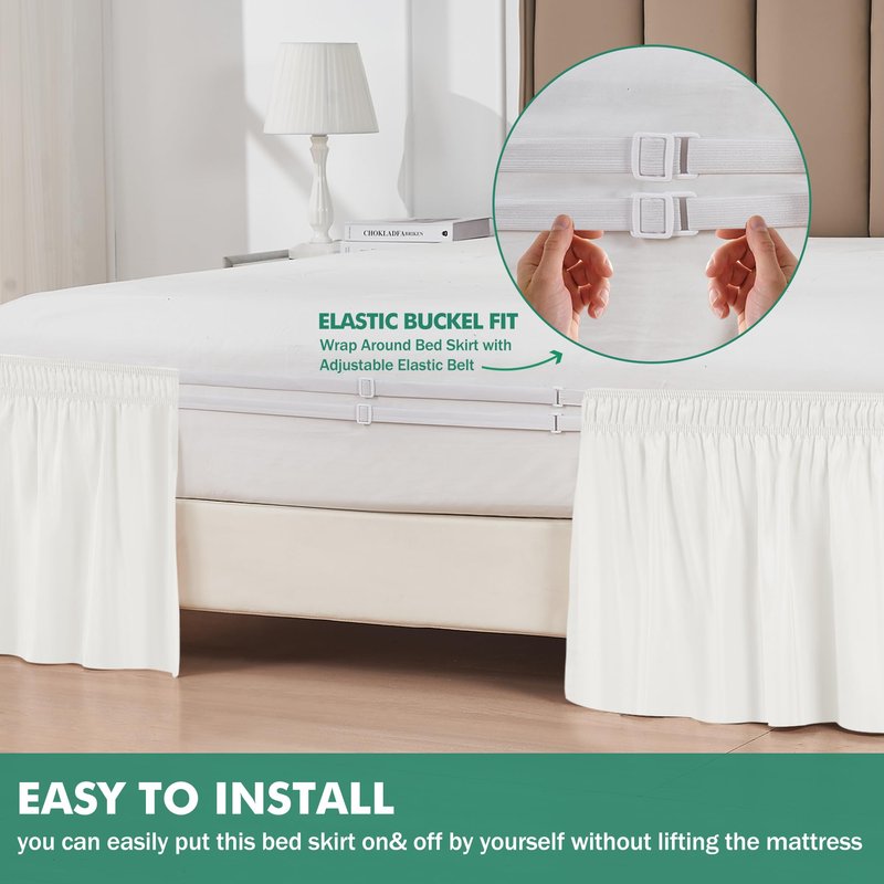 Biscaynebay Wrap Around Bed Skirts with Split Corners for Twin/Twin XL Beds 15" Drop, Ivory Adjustable Elastic Dust Ruffles Easy Fit Wrinkle Resistant Silky Luxurious Fabric Machine Washable