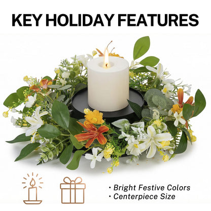 MOYEE Summer Candle Holder Centerpieces for Tables,Candle Ring, Black Metal Candlestick with an Artificial Wreath 14 in Versatile Dining Table Centrepiece (Red Flower Green Leaf Wreath)