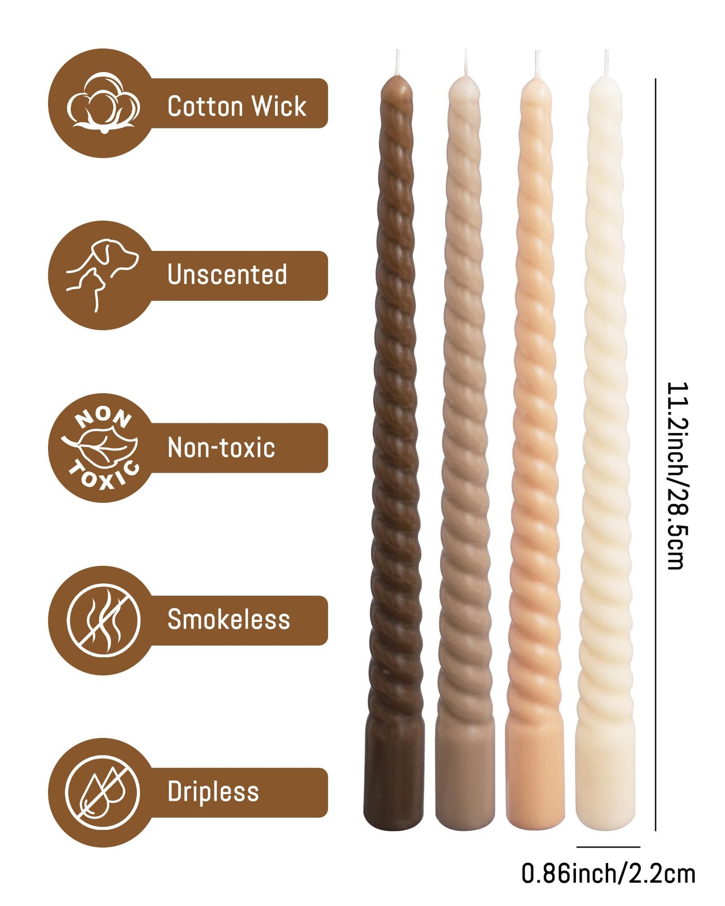 Viyffo Spiral Taper Candles 11 Inch – 4 Pack Brown, Dripless, Unscented, Smokeless – 9 Hour Burn – Tall Candlesticks for Wedding, Dinner, Holiday, Party, Home Decor