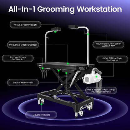 JirPet Dog Grooming Table for Large Dogs, Electric Lift with Memory Function, 46″ Professional Grooming Table with Strong Stability, Power Outlet, Grooming Light, and Wheels for Easy Mobility