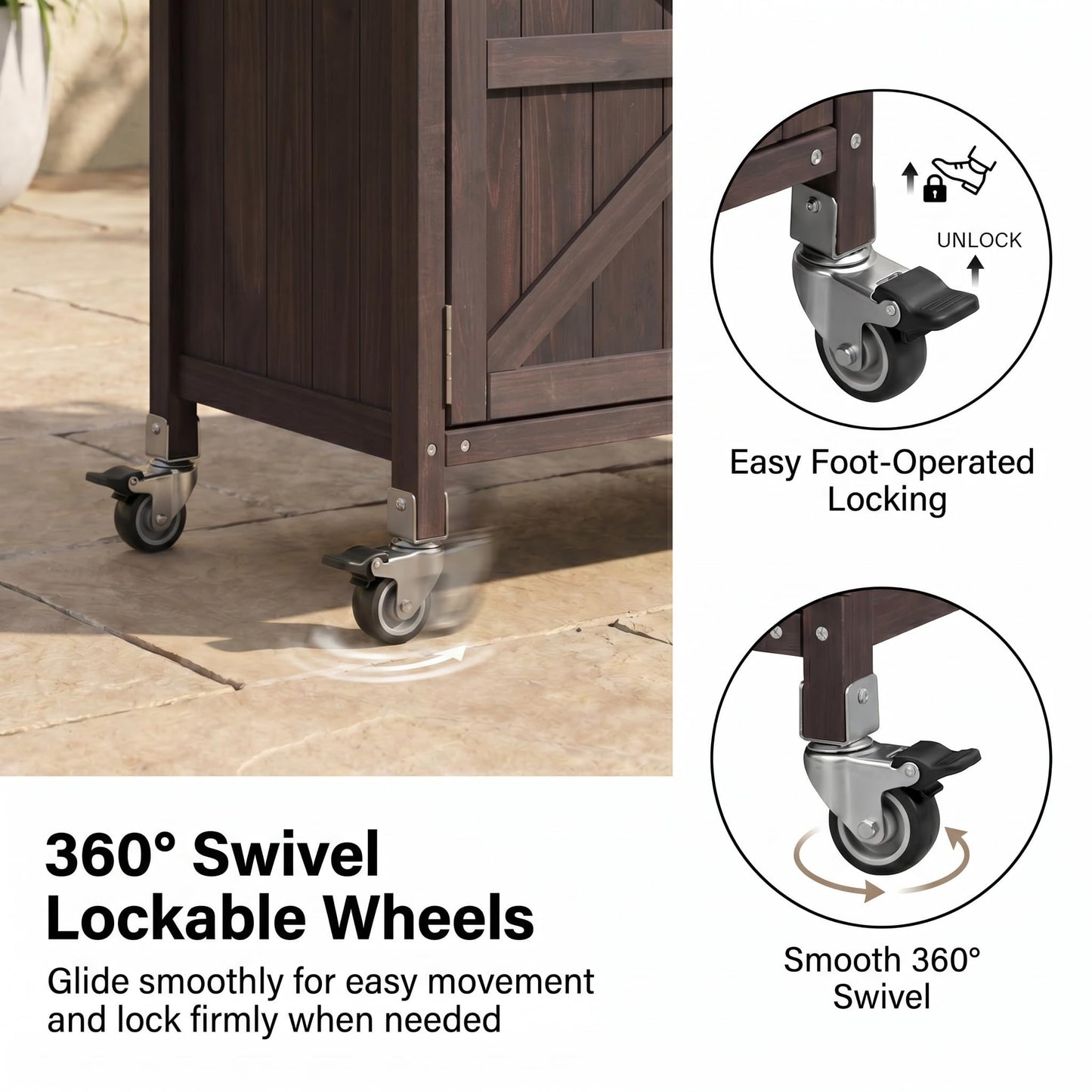 50" Outdoor Grill Cart with Storage Cabinet, Solid Fir Wood BBQ Prep Table with Stainless Steel Top, Rolling Outdoor Serving Cart with Lockable Wheels, Spice Rack & Hooks for Patio, Brown