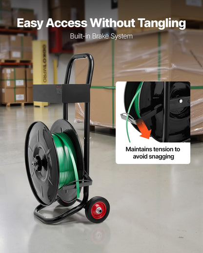 VEVOR Banding Strapping Cart, Fit for PET/PP/Polyester Strapping Coils with 8 inches Core Size, Heavy Duty Strapping Dispenser Equipped with Upgrade Brake System, Built-in Spacious Tray for Tools