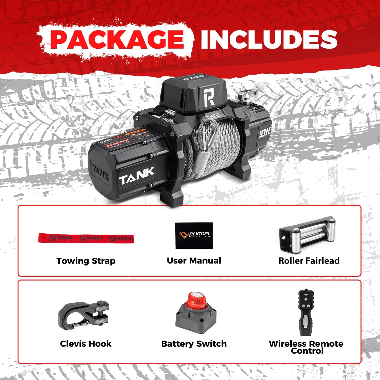 RUGCEL WINCH 20000lb Waterproof Electric Steel Rope Winch 12V with Hawse Fairlead,Black Rope，for Truck SUV